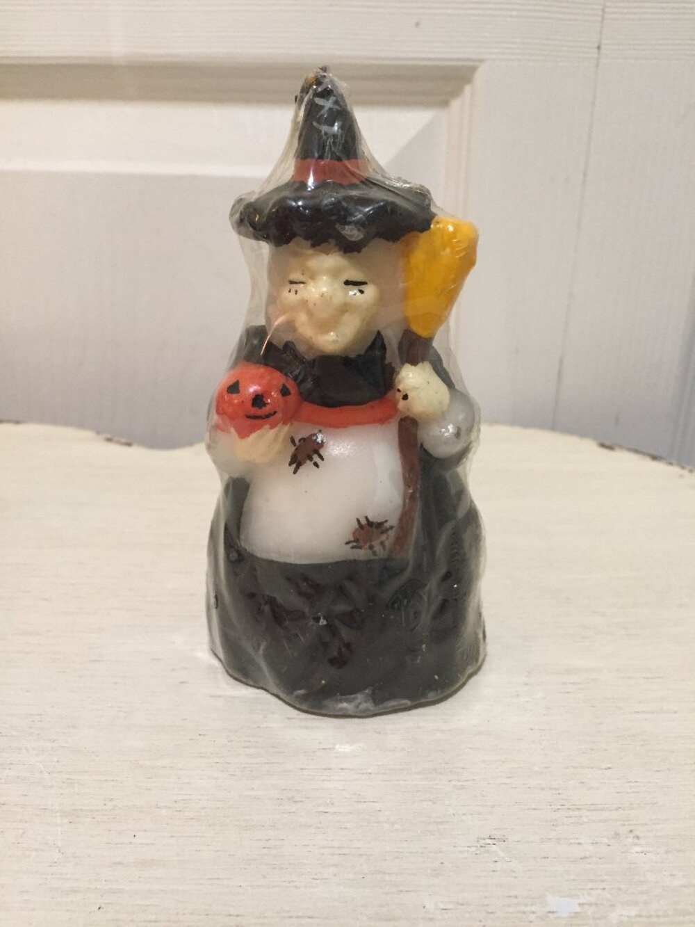Vintage Halloween Candle Witch Holding Broom, JOL Pumpkin Spiders 5” Retro